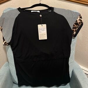 Black Nursing Top with Striped and Leopard Sleeves
